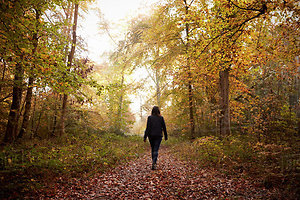 Home. woman on path in woods